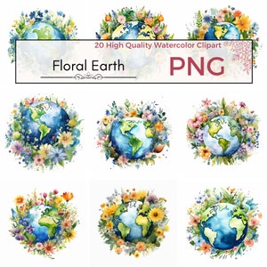 Floral Earth Clipart, high quality png, planet earth day clipart earth printables floral png Watercolor clipart card making instant download