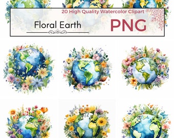 Floral Earth Clipart, high quality png, planet earth day clipart earth printables floral png Watercolor clipart card making instant download