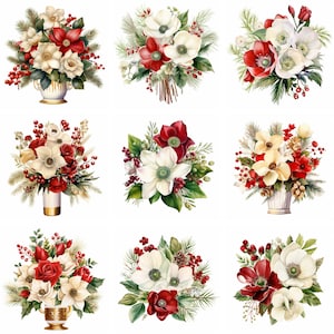 20 Natal Rose Bouquet Watercolor Clipart, natal, estampas florais de inverno, flores, imprimíveis, diário de lixo, scrapbooking, downloads digitais