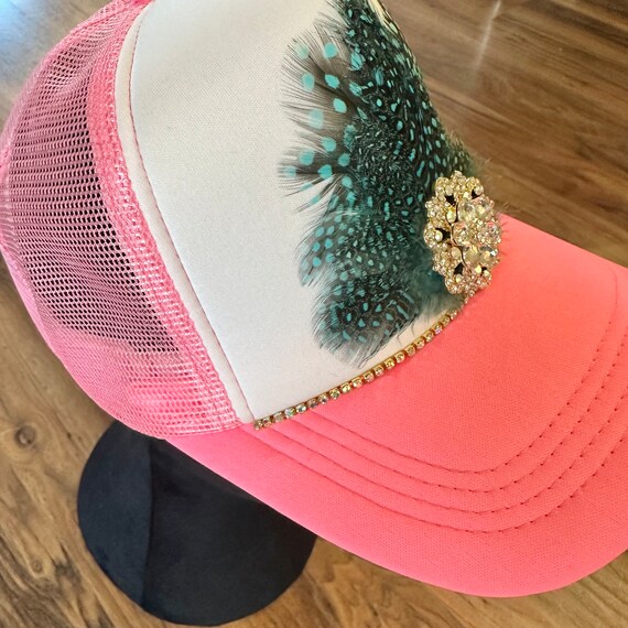 Teal Feathered Pink Trucker Hat - Etsy display picture 2