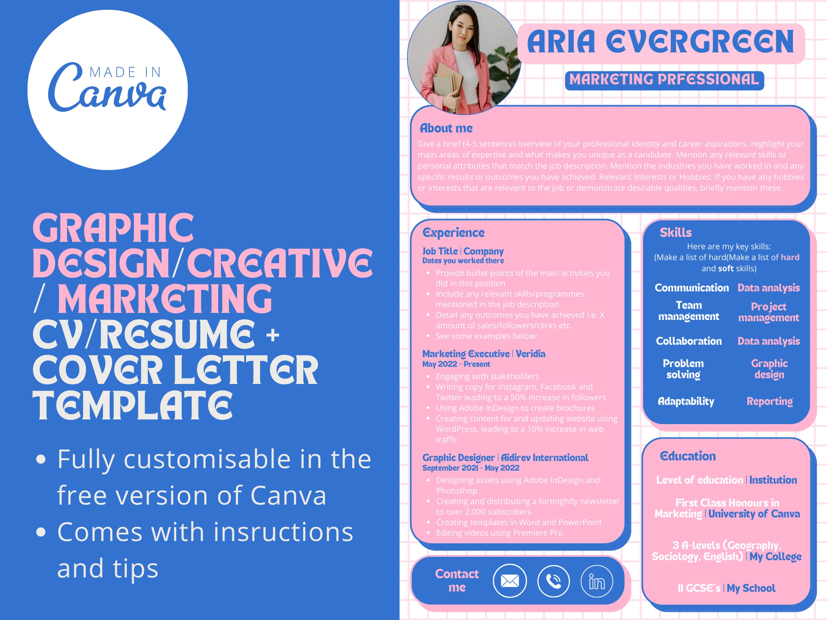 Canva Creative Cv/resume Template & Cover Letter Bundle Instant