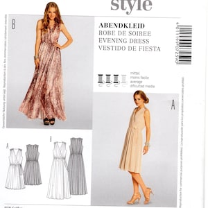 May include: Burda Style sewing pattern for an evening dress with a V-neckline and a wrap style. The pattern includes sizes 34 to 46 and 8 to 20. The pattern is for a sleeveless dress with a gathered skirt. The pattern is illustrated with a model wearing the dress in two different lengths.
