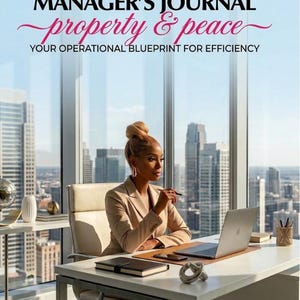 May include: A book titled THE COMPLETE PROPERTY MANAGER'S JOURNAL property & peace YOUR OPERATIONAL BLUEPRINT FOR EFFICIENCY. The cover features a person in a beige blazer sitting at a white desk with a laptop, notebook, and pen in a high-rise office.