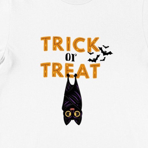 Camiseta Halloween truco o trato - ropa Halloween, camiseta chico o chica, regalo Halloween, murciélago Halloween, naranja y negro.