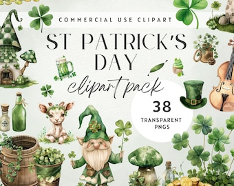 St Patricks Day Clipart, Digital Download, Watercolor Leprechaun, 4 Leaf Clover Shamrock, Rainbow Pot of Gold, Commercial Use PNG