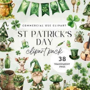 Imágenes prediseñadas del Día de San Patricio, Descarga digital, Duende de acuarela, Trébol de trébol de 4 hojas, Olla arco iris de oro, Uso comercial PNG