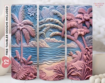 3D Geschnitzte Tropical Beach Life Palme 20 oz Skinny Becher Sublimation Design, digitaler Download PNG, gerade & konisch Tumbler Wrap PNG