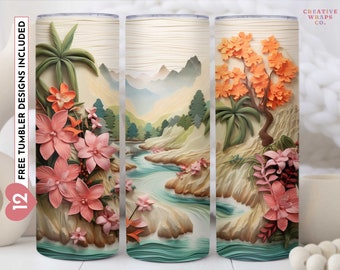 3D geschnitzte tropische Strand Insel Palme 20 oz Skinny Becher Sublimation Design, digitaler Download PNG, gerade & konisch Tumbler Wrap PNG