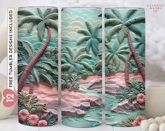 3D geschnitzte tropische Strand Insel Palme 20 oz Skinny Becher Sublimation Design, digitaler Download PNG, gerade & konisch Tumbler Wrap PNG