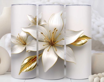 3D Witte Lelies Bloemen 20 oz Skinny Tumbler Sublimation Design, Rechte Tumbler Wrap, Witte Bloemen Tumbler, Instant Digitale Download PNG