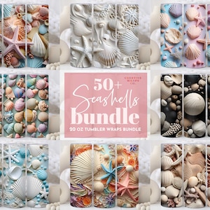 50+ Tumbler Bundle Seashells, 3D Seashells Beach 20oz Skinny Tumbler Sublimation Design, Straight Tapered Tumbler Wrap, Instant Download PNG
