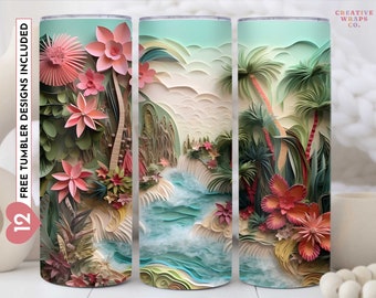 3D Geschnitzte Tropical Beach Life Palme 20 oz Skinny Becher Sublimation Design, digitaler Download PNG, gerade & konisch Tumbler Wrap PNG
