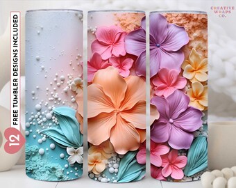 3D Beach Pink Flowers 20 oz Skinny Tumbler, 3DFlower Sublimation Design, Digital Download, Straight Tumbler Wrap PNG, 3d Flowers Beach