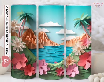 3D Tropical Beach Island Palmera 20 oz Diseño de sublimación de vaso flaco, Descarga digital PNG, Envoltura de vaso recto y cónico PNG