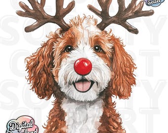 Natal Ruby Goldendoodle PNG Clipart, Natal Cachorro PNG, Aquarela Goldendoodle, Download Digital para Sublimação, Arte de Cachorro Fofo