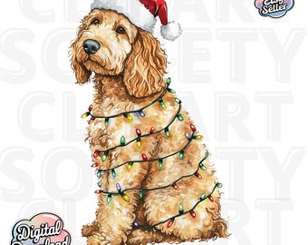 Goldendoodle Christmas Clipart, Aquarela Golden Doodle Png, Design de Sublimação de Labradoodle de Férias, Gráfico de Camiseta, Download Digital