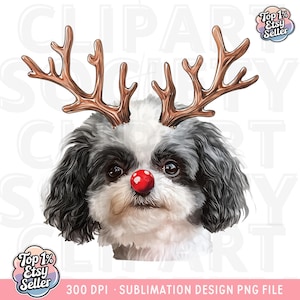 May include: A digital illustration of a Shih Tzu dog wearing brown antlers and a red nose. The dog has black and white fur, in a festive holiday costume. The image includes the text "Top 1% Etsy Seller" and "300 DPI • SUBLIMATION DESIGN PNG FILE".