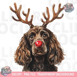 Könnte beinhalten: Aquarellmalerei eines braunen Hundes, der ein rotes Rentiergeweih-Stirnband und eine rote Rudolph-Nase trägt. Der Hund schaut direkt auf den Betrachter.