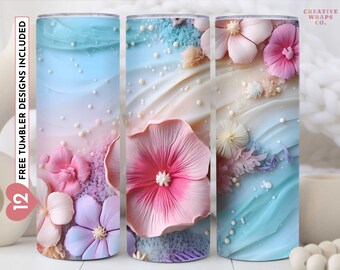 3D Beach Pink Flowers 20 oz Skinny Tumbler, 3DFlower Sublimation Design, Digital Download, Straight Tumbler Wrap PNG, 3d Pink Flowers Beach