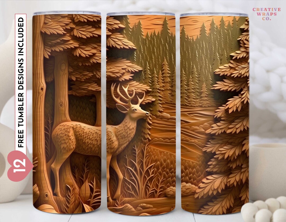 3D Engraved Leather Deer Forest 20 Oz Skinny Tumbler Sublimation Design ...