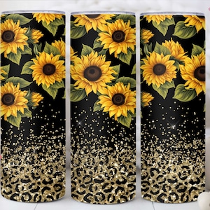 Sunflowers Tumbler Wrap Designs, Glitter Leopard 20oz Skinny Tumbler Wrap, Seamless Glitter Tumbler Template, PNG Digital Download