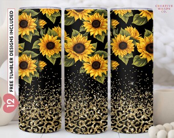 Solrosor Tumbler Wrap Designs, Glitter Leopard 20oz Small Tumbler Wrap, Sömlös Glitter Tumbler Mall, PNG Digital Nedladdning