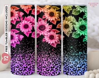Solrosor Tumbler Wrap Designs, Neon Glitter Leopard 20oz Small Tumbler Wrap, Sömlös Glitter Tumbler Mall, PNG Digital Nedladdning