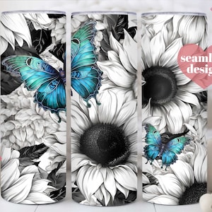 Schwarz-Weiß-Becher, Nahtlose Schwarz-Weiß-Sonnenblumen-Schmetterling-Becher-Designs, Schwarz-Weiß-Blumenbecher-Wrap-Sublimation