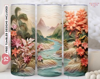 3D geschnitzte tropische Strand Insel Palme 20 oz Skinny Becher Sublimation Design, digitaler Download PNG, gerade & konisch Tumbler Wrap PNG