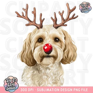 May include: A digitally illustrated dog with light brown fur, wearing brown antlers and a red nose. The image includes the text "Top 1% Etsy Seller" and "300 DPI • SUBLIMATION DESIGN PNG FILE".
