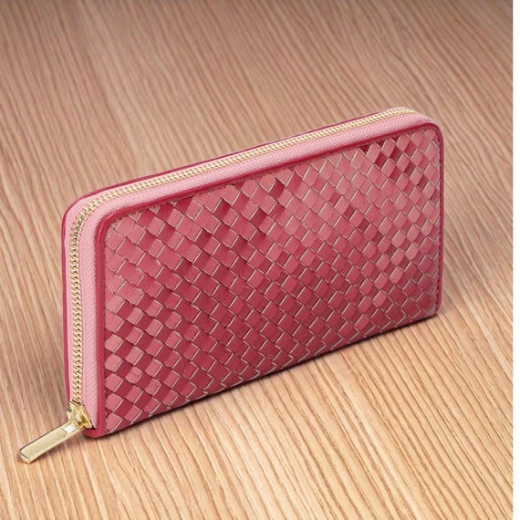 Pink Woven Leather Zip Wallet - Handmade Long Wallet
