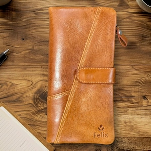 Cartera de mano vintage de cuero genuino para hombre, larga, con tarjetero para identificación de negocios