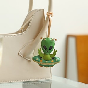 Handmade Leather Alien Bag Charm: Unique Keychain Gift