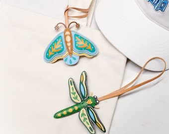 Handmade Leather Insect Bag Charm: Dragonfly or Butterfly Keychain