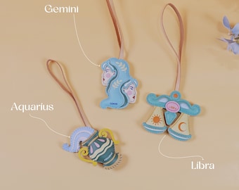 Zodiac Sign Purse Charm: Handmade Leather Keychain Gift