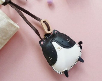 Tuxedo, Bicolor Cat Leather Charm, Unique Bag Charm, Cute Key Chain, Handmade Bag Charm, Keychain Gift, Animal Keychain