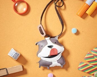 Pitbull Dog Charm Keychain – Handmade Leather Bag Charm, Animal Lover Gift, Purse Accessory, Vegan Leather Bag Charm
