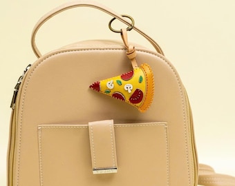 Handmade Vegan Leather Pizza Slice Keychain, Foodie Bag Charm, Cute Pizza Purse Charm, Gift for Pizza Lover
