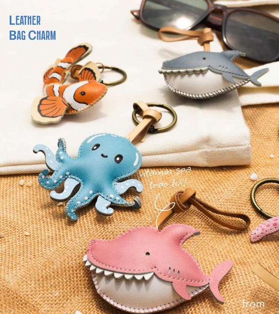 海の動物バッグチャームセット、サメ、ウミガメ、タコのキーホルダー 