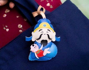 Handmade Vegan Leather Gods of Blessings Bag Charm: Vietnamese Keychain
