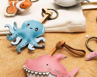 Sea Collection Bag Charm, Vegan Leather Ocean Keychain, Purse Pendant, Car Mirror Hanging Ornament, Coastal Gift