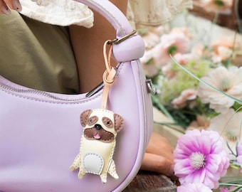 Fawn Pug Bag Charm: Hand-Sewn Microfiber Leather Puppy Keychain