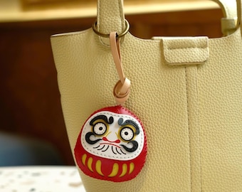 Fortune Collection Daruma Bag Charm – Hand-Sewn Vegan Leather Keychain Gift