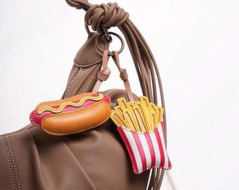Foodie Bag Charm Keychain – Vegan Leather Hotdog & Pizza Purse Charm, Cute Car Accessory, Gift for Food Lovers