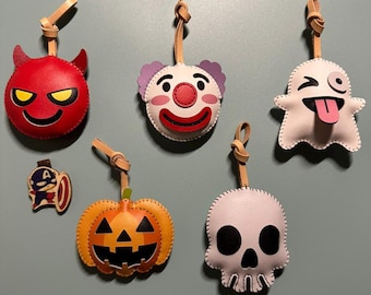 Spooky Halloween Bag Charm – Vegan Leather Keychain, Ghost & Skeleton Purse Charm, Handmade Backpack Accessory, Unique Gift