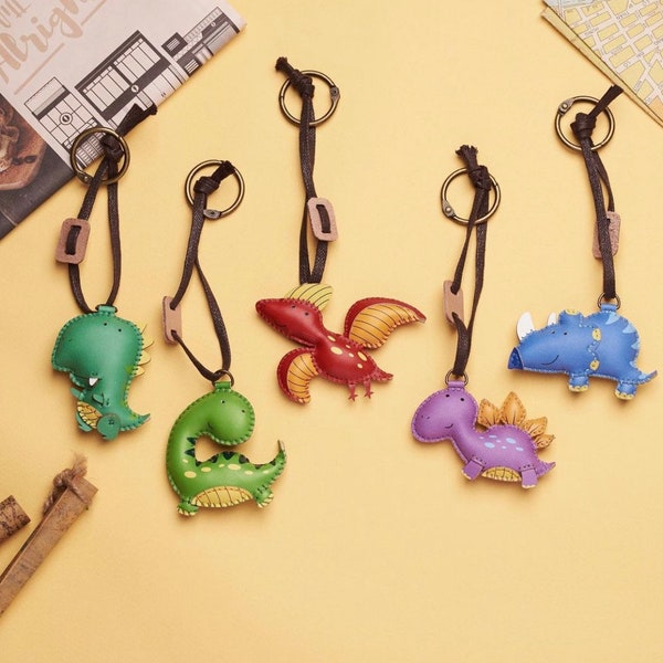 Dino Collection Leather Charm, Unique Bag Charm, Cute Key Chain, Handmade Bag Charm, Keychain Gift, Animal Keychain