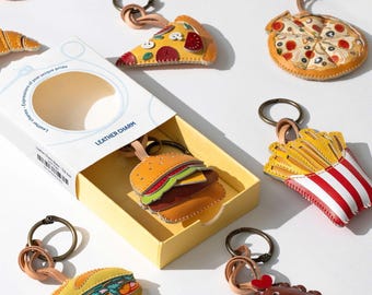 Fun Foodie Charm – Hotdog Pizza Bag Charm, Cute Vegan Leather Keychain Gift