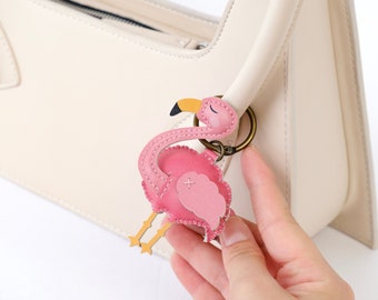 Flamingo Leather Bag Charm, Unique Bag Charm, Cute Key Chain, Handmade Bag Charm, Keychain Gift, Animal Keychain, Unique Small Gift for Her