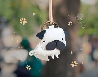 Pug Dog Leather Bag Charm, Unique Bag Charm, Cute Key Chain, Handmade Bag Charm, Keychain Gift, Animal Keychain, Dog Lovers
