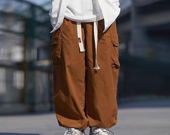 Japanese retro overalls ins wind trend loose all pull rope casual pants straight leg wide leg pants tide, Cotton